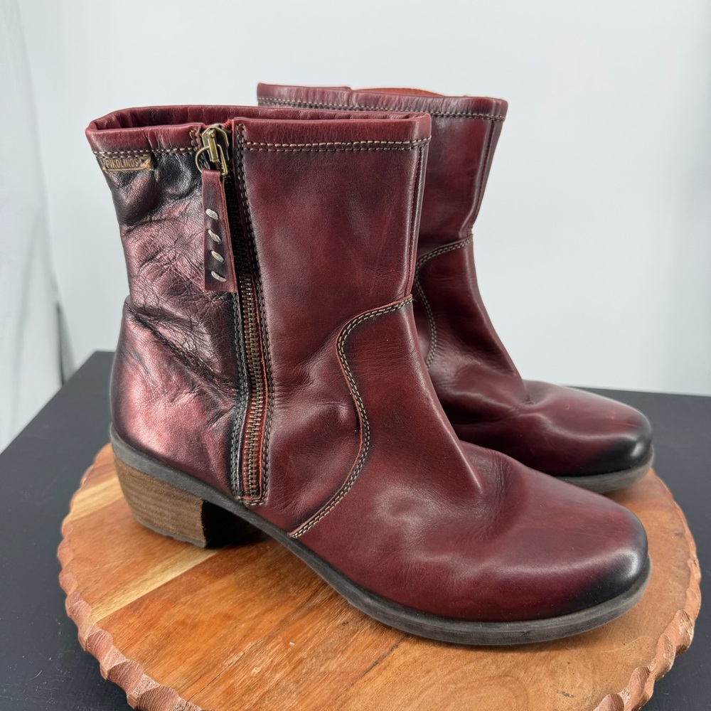 Pikolinos red leather ankle boots burnished toe sz 40 9-9.5